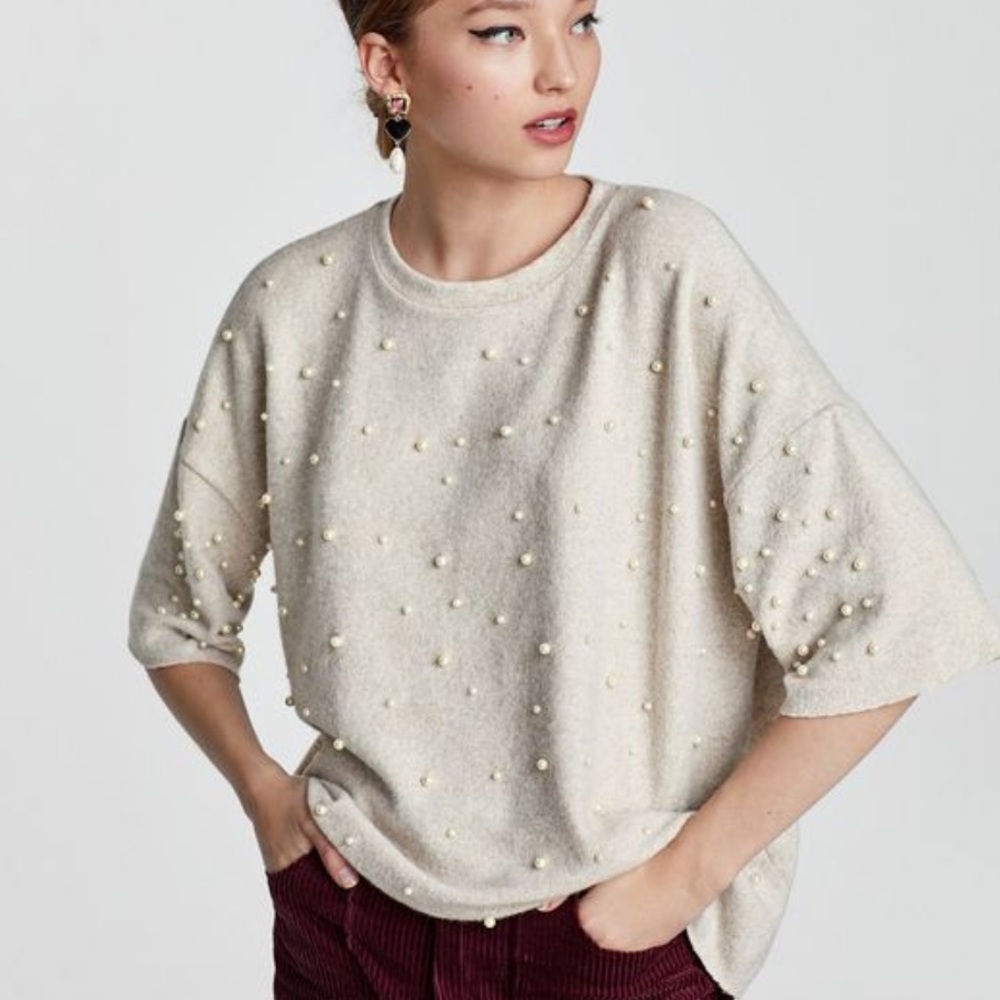 Zara Soft Oatmeal Pearl Front Sweater
